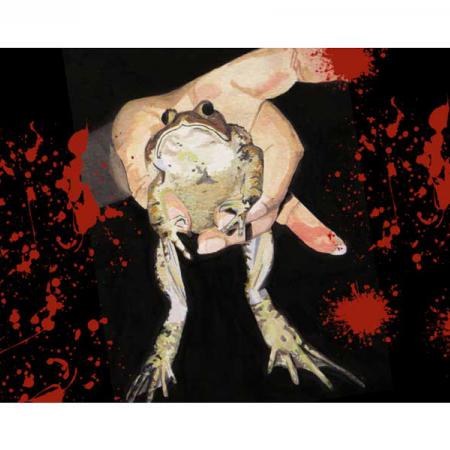 A horror themed image with a frog and blood splatter